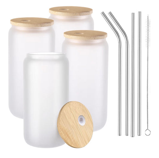 🌿✨ Frosted Sip & Go: 16oz Glass Cup with Bamboo Lid & Straw 💖☕