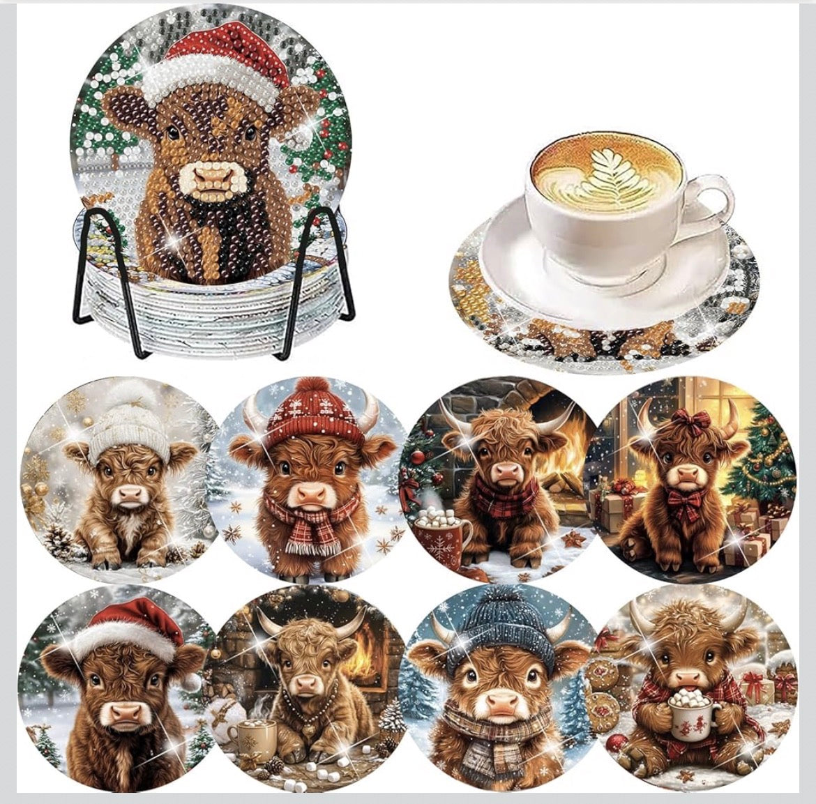 Highland Holiday: 8-Pack Christmas Cow Diamond Coasters 🐄🎄💎