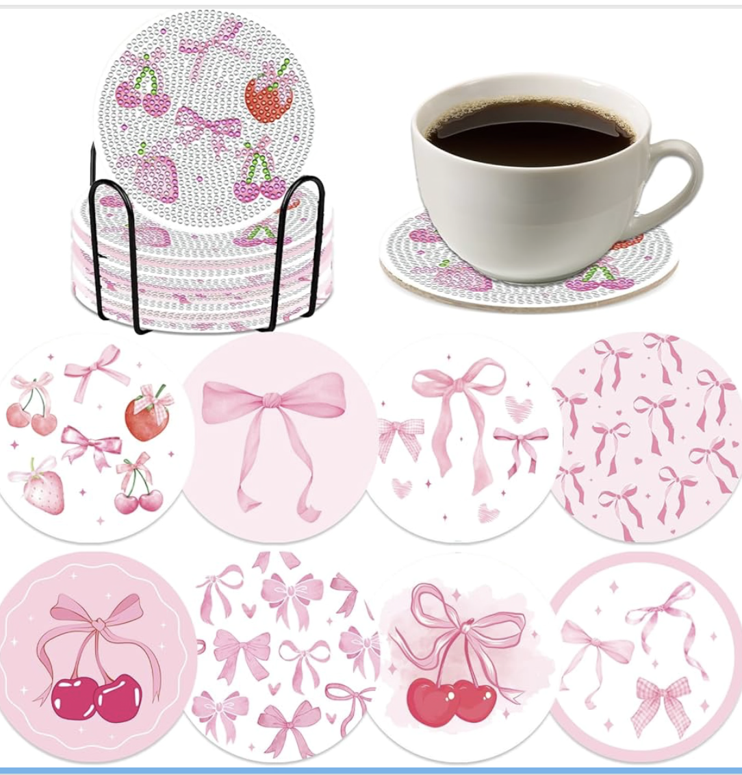 ✨ Bow-tiful Moments: 8 Diamond Art Coasters in Pink 🎀💖 ✨