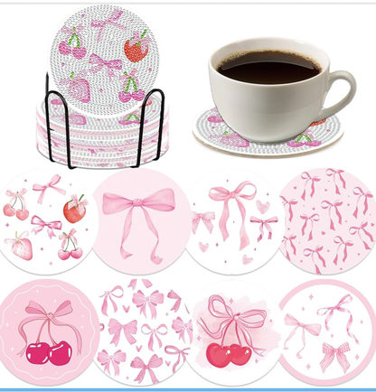 ✨ Bow-tiful Moments: 8 Diamond Art Coasters in Pink 🎀💖 ✨