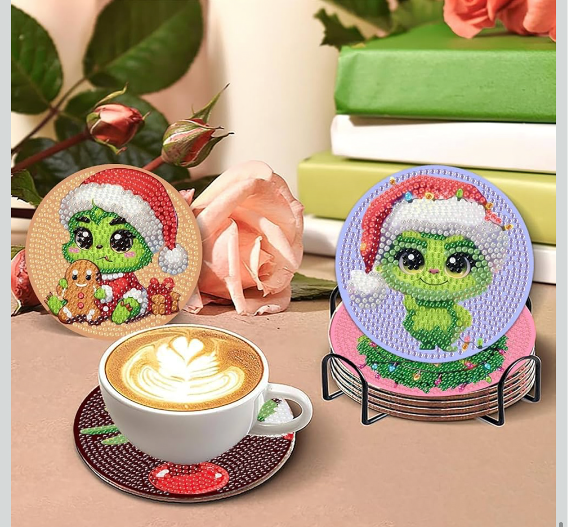 💎🎄💚 Grinchmas Sparkle: 8-Piece Baby Grinch Diamond Coaster Set