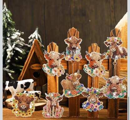 🐮💎 Highland Cow Bloom: 24-Piece Flower Diamond Art Keychain Set 🌸✨
