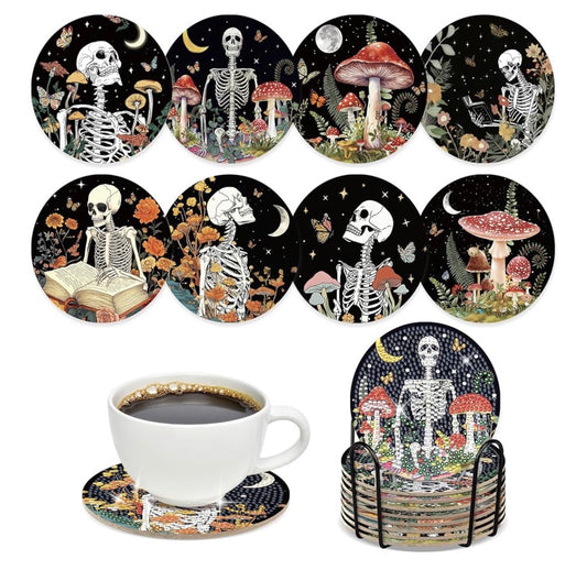 Spooky Bloom: 8-Pack Skull & Floral Diamond Coasters 💀🌸🍄💎
