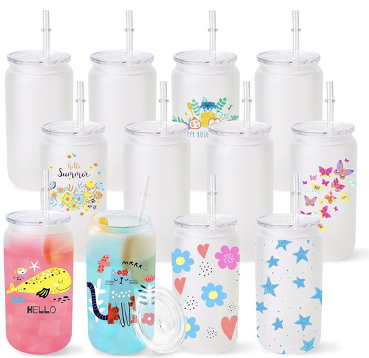 Frosted Elegance: 12-Pack 16oz Glass Cups with Clear Lids ❄️✨
