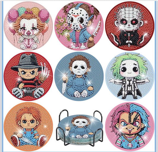🔪💎🎃 Killer Cuteness: 8-Piece Horror Diamond Coaster Collection ✨🩸