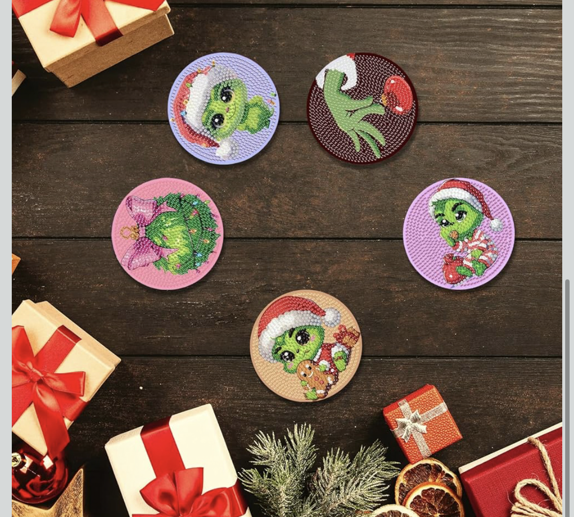 💎🎄💚 Grinchmas Sparkle: 8-Piece Baby Grinch Diamond Coaster Set
