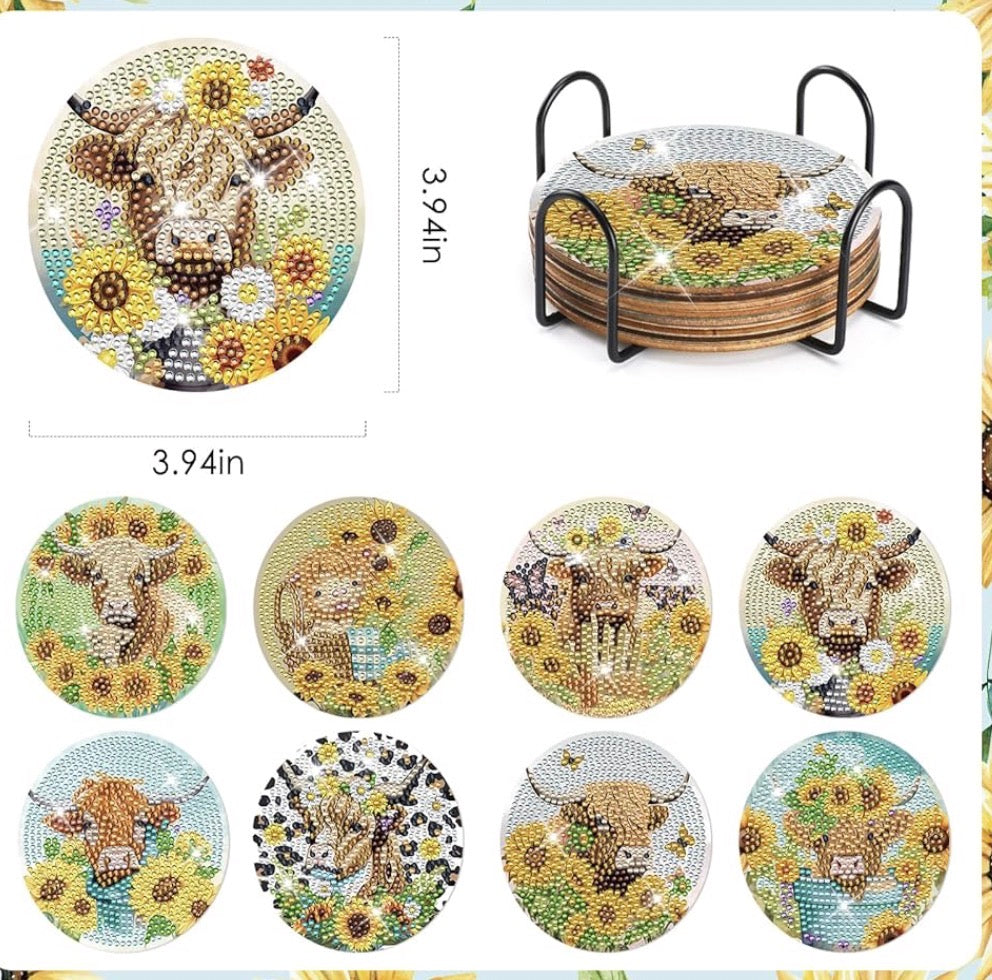 Sunflower Cow Charm: 8-Pack Diamond Painting Coasters 🌻💛🐄
