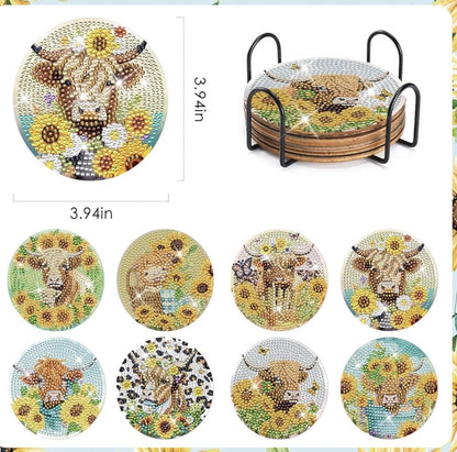 Sunflower Cow Charm: 8-Pack Diamond Painting Coasters 🌻💛🐄