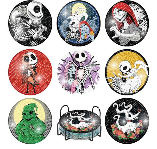 💎🖤✨ Halloweentown Glam: 8-Piece Nightmare Before Christmas Diamond Coaster Set