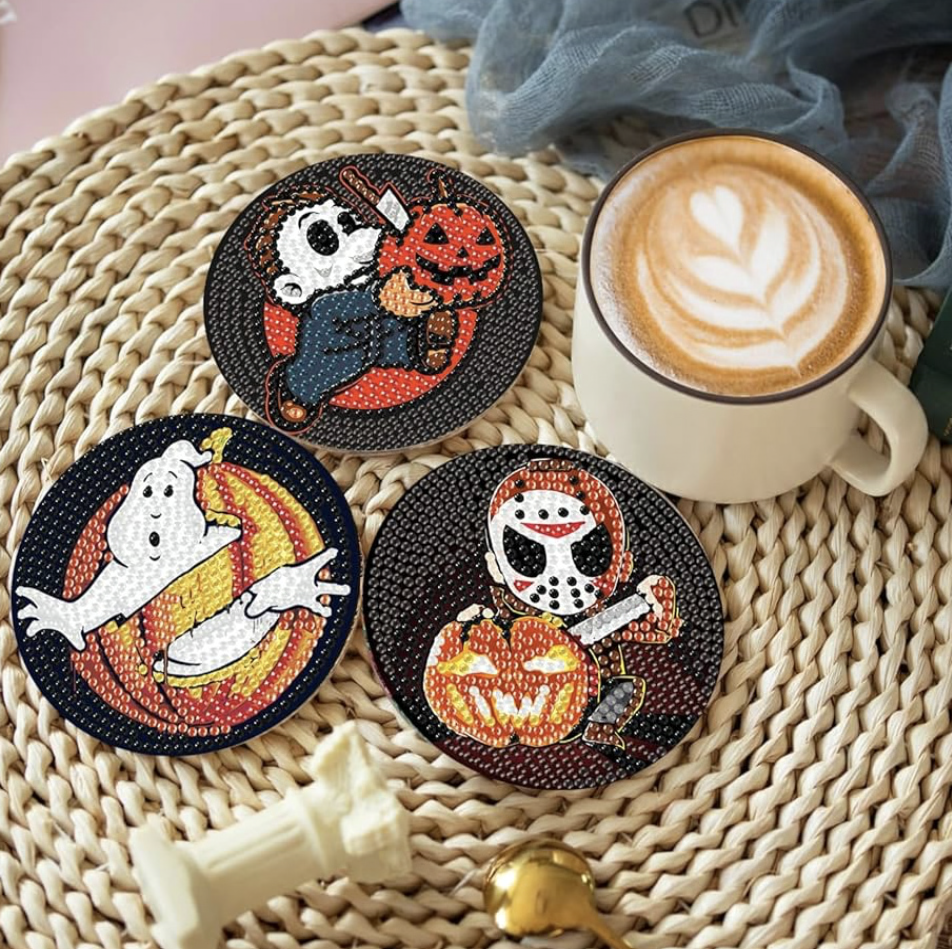 🔪💎🎃 Tiny Terrors Sparkle: 8-Piece Halloween Diamond Coaster Set ✨🩸