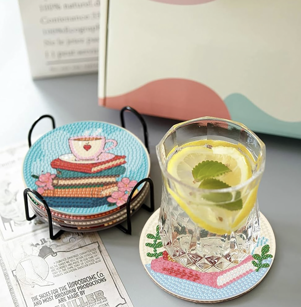 📖 Once Upon a Sip: 8-Piece Diamond Art Book Coasters 💎✨