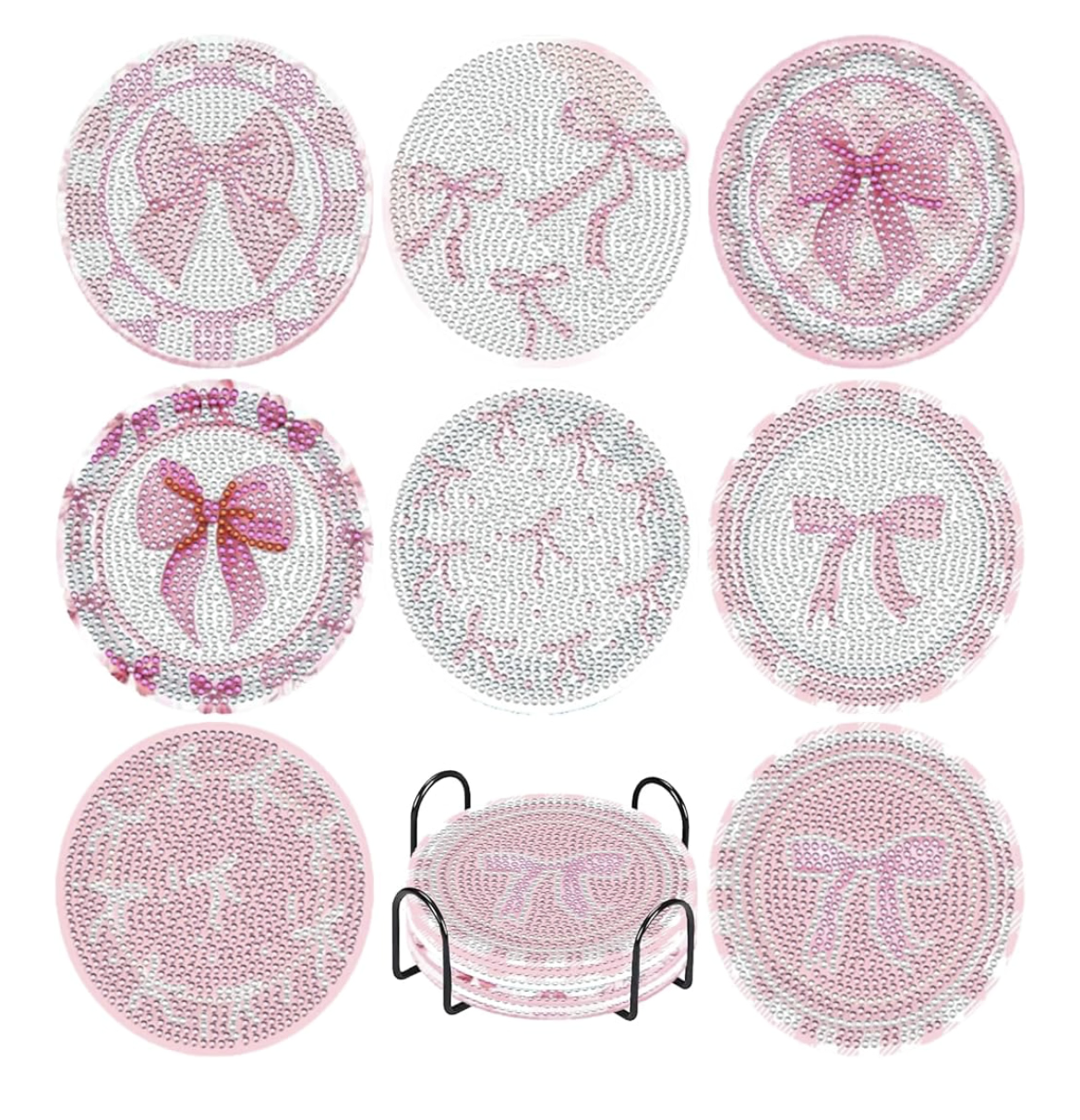 🎀💎 Bow & Sparkle: 8-Piece Pink Diamond Coasters ✨🌸