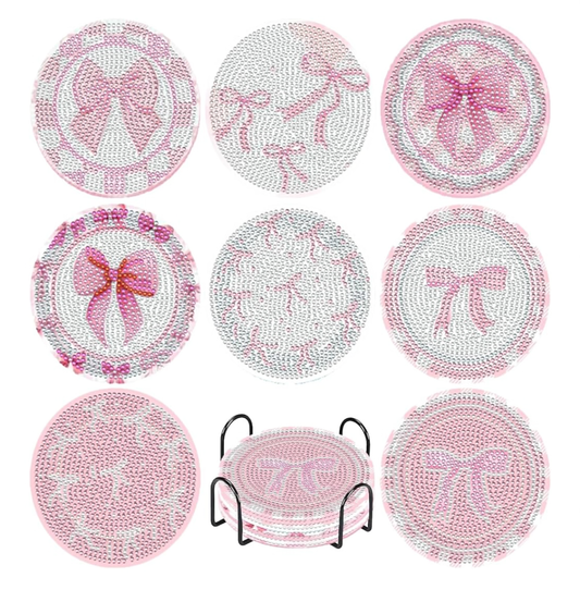 🎀💎 Bow & Sparkle: 8-Piece Pink Diamond Coasters ✨🌸