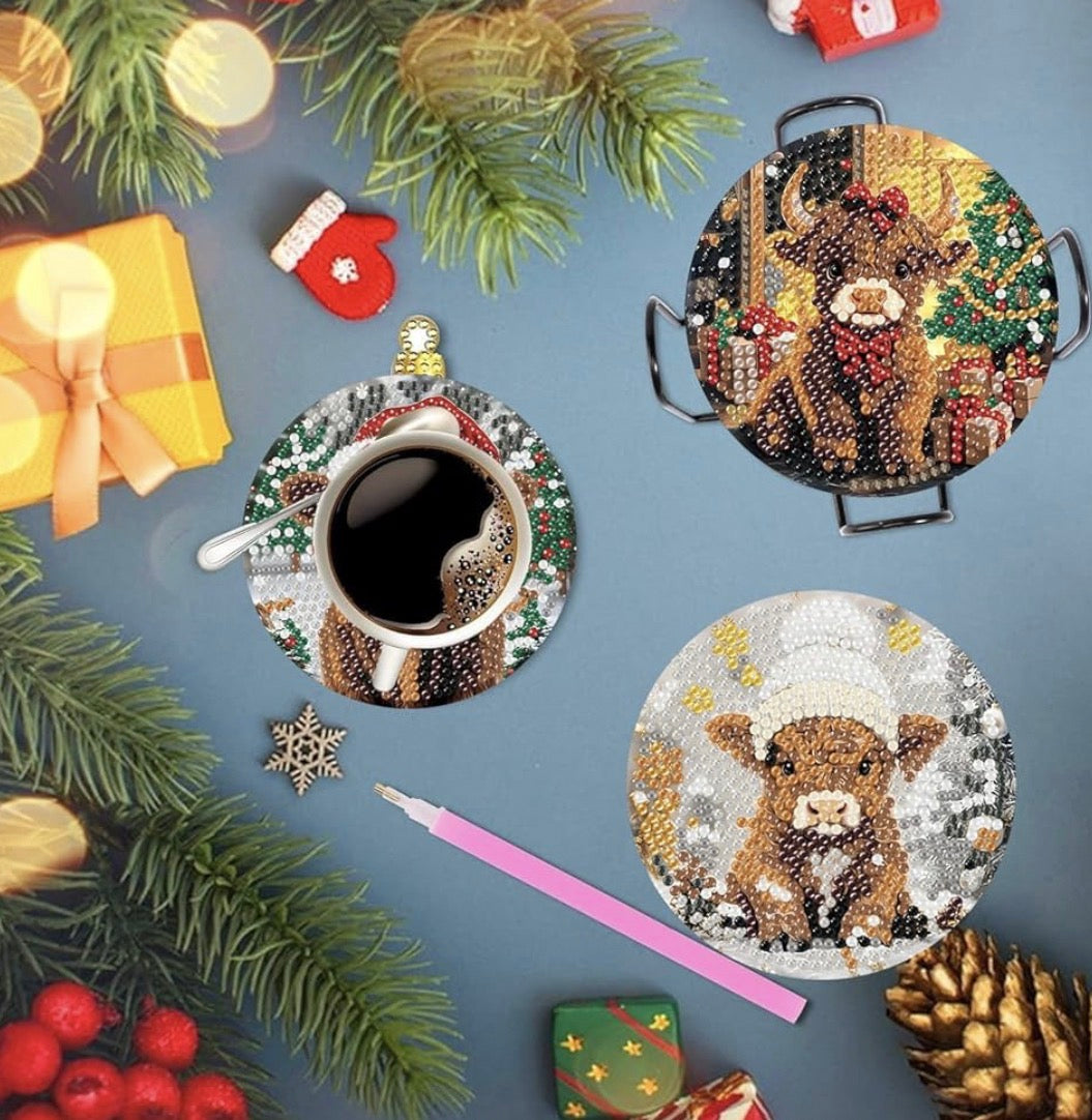 Highland Holiday: 8-Pack Christmas Cow Diamond Coasters 🐄🎄💎