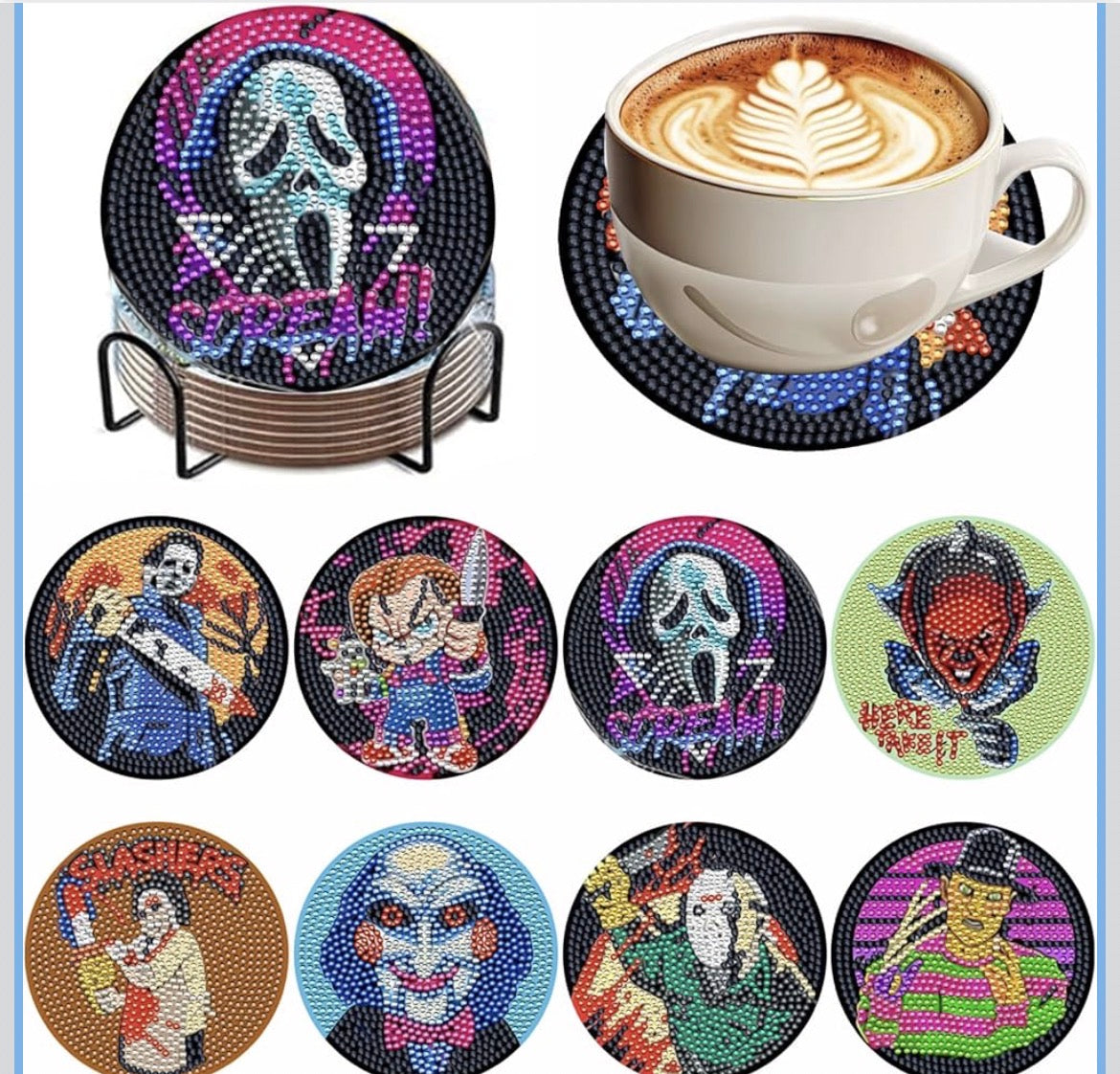 🔪💎🎃 Killer Crew Sparkle: 8-Piece Halloween Diamond Art Coasters ✨🩸