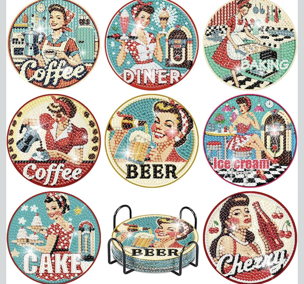 💋 Domestic Diva: 8-Piece Retro Housewife Coaster Set 💎🧽