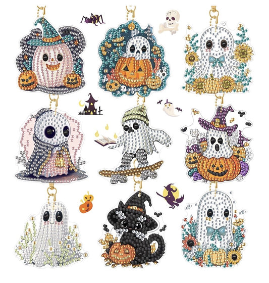 👻✨ Spooky Sweeties: 9-Piece Cute Ghost Diamond Keychain Set 💎🎀