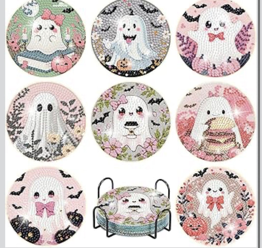 👻✨ Boho Boo-tique: 8-Piece Girly Ghost Diamond Coaster Set 💎🌸🎀
