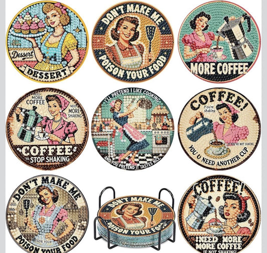🧼✨ Retro Charm: 8-Piece Housewife Diamond Art Coaster Set 💎🍒