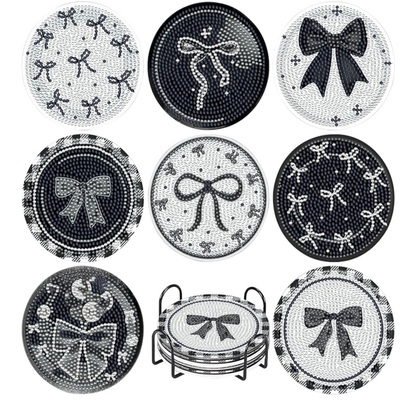 🖤💎 Noir Sparkle: 8-Piece Black Bow Diamond Art Coasters 🎀✨
