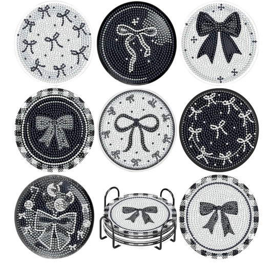 🖤💎 Noir Sparkle: 8-Piece Black Bow Diamond Art Coasters 🎀✨