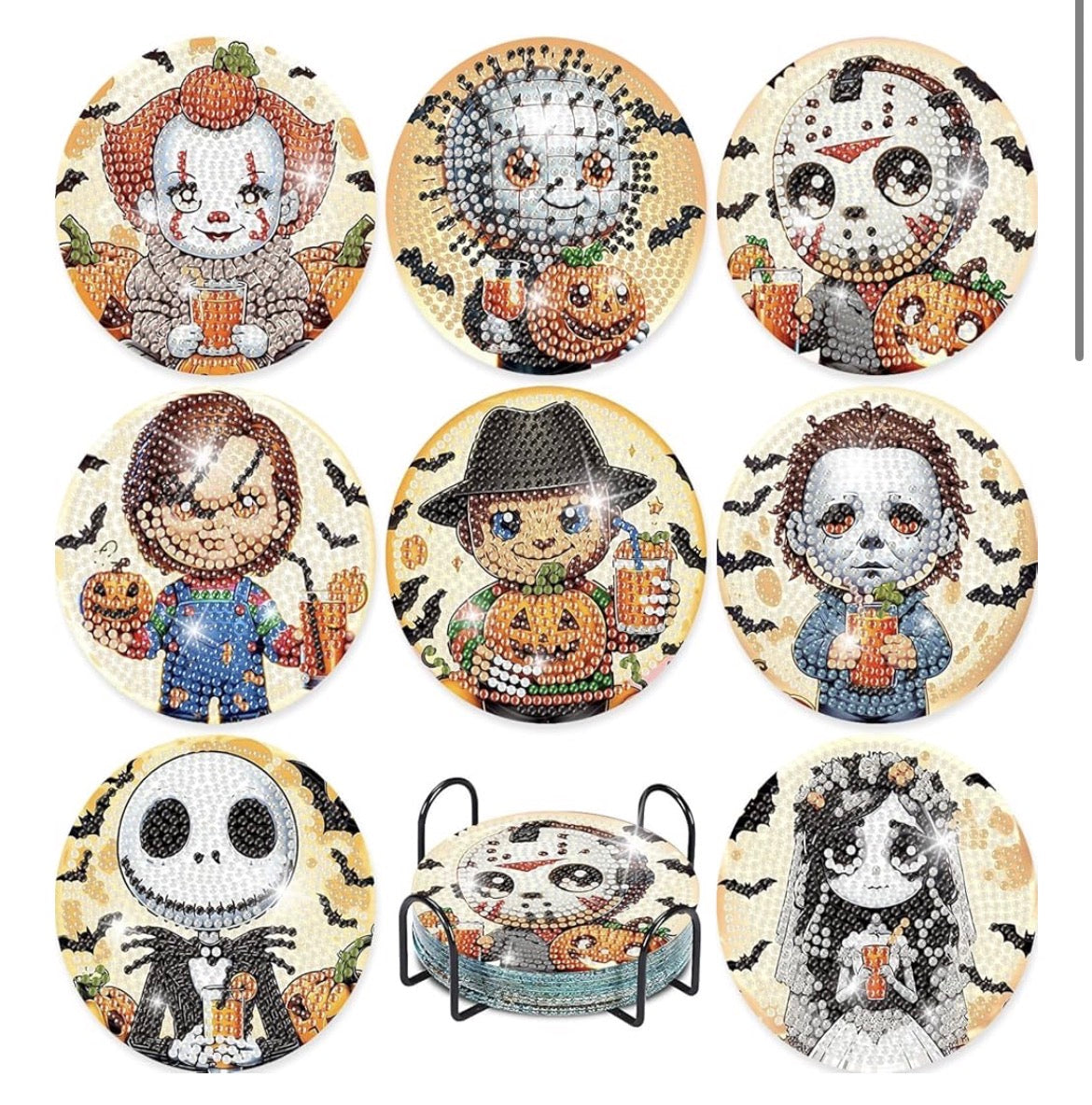 💎🎃✨ Creepy Cuties Sparkle: 8-Piece Horror Diamond Coaster Set