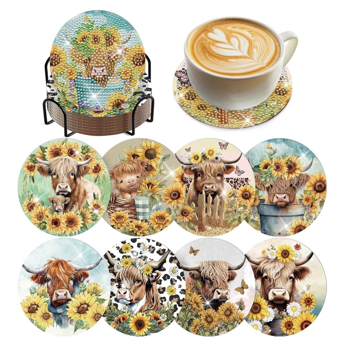 Sunflower Cow Charm: 8-Pack Diamond Painting Coasters 🌻💛🐄