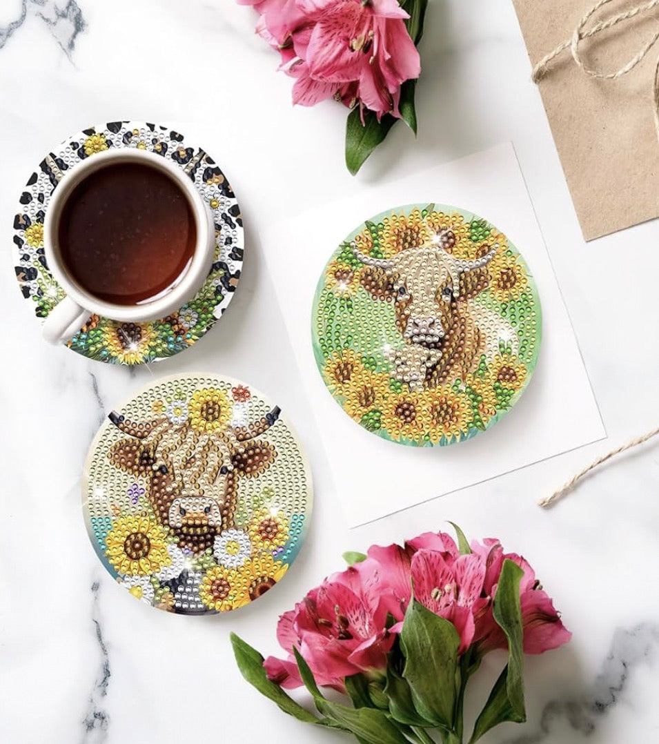 Sunflower Cow Charm: 8-Pack Diamond Painting Coasters 🌻💛🐄