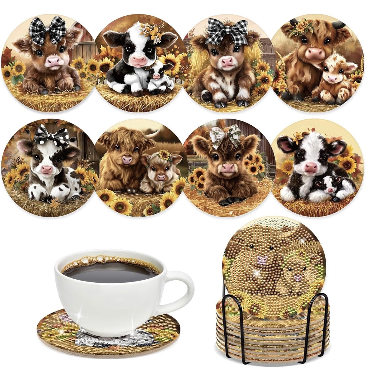 Sunny Moo: 8-Pack Cow & Sunflower Diamond Coasters 🐄🌻💎