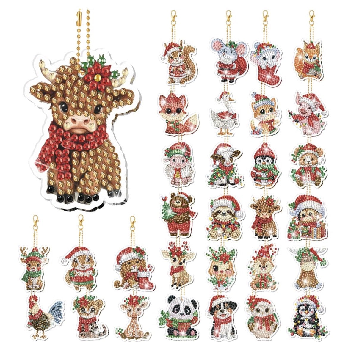 🎄🐮 Festive Moo: 30-Piece Christmas Highland Cow Diamond Art Keychain Set 💎✨