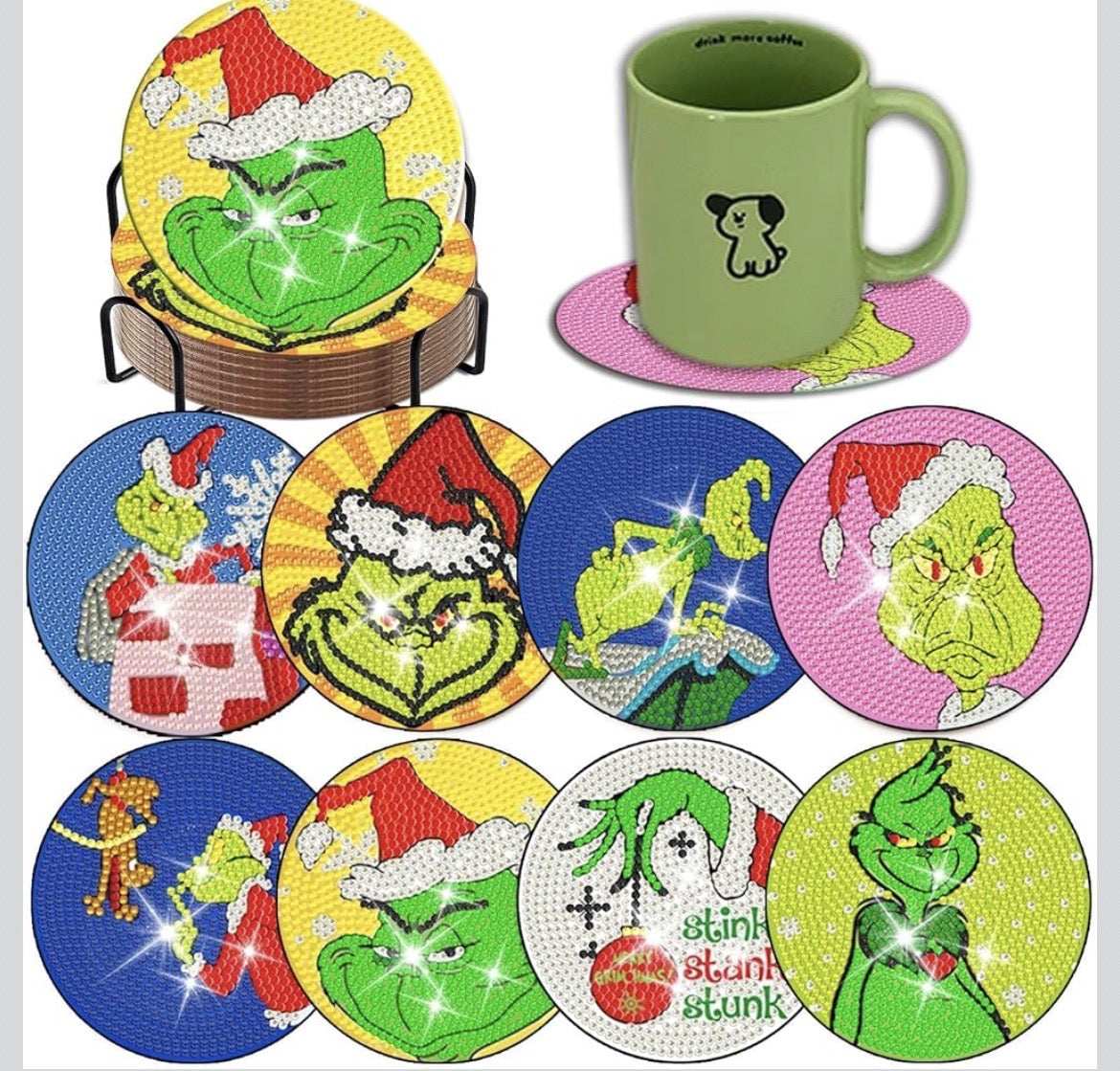 💚 Grinchmas Sparkle Set: 8-Piece Christmas Diamond Coasters 🎅✨