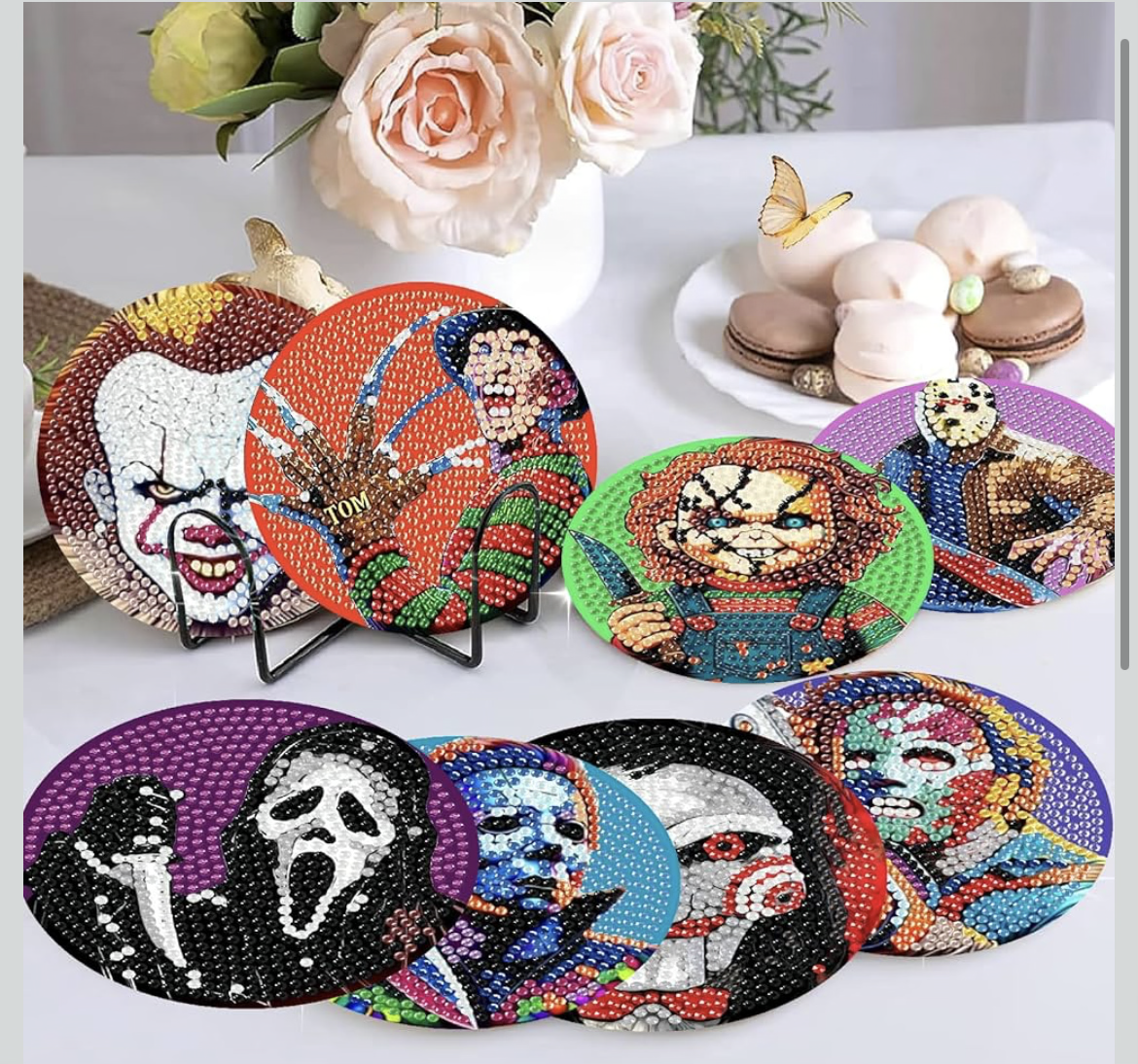 🔪💎 Killer Sparkle: 8-Piece Horror Icon Diamond Coaster Set 💀🩸✨