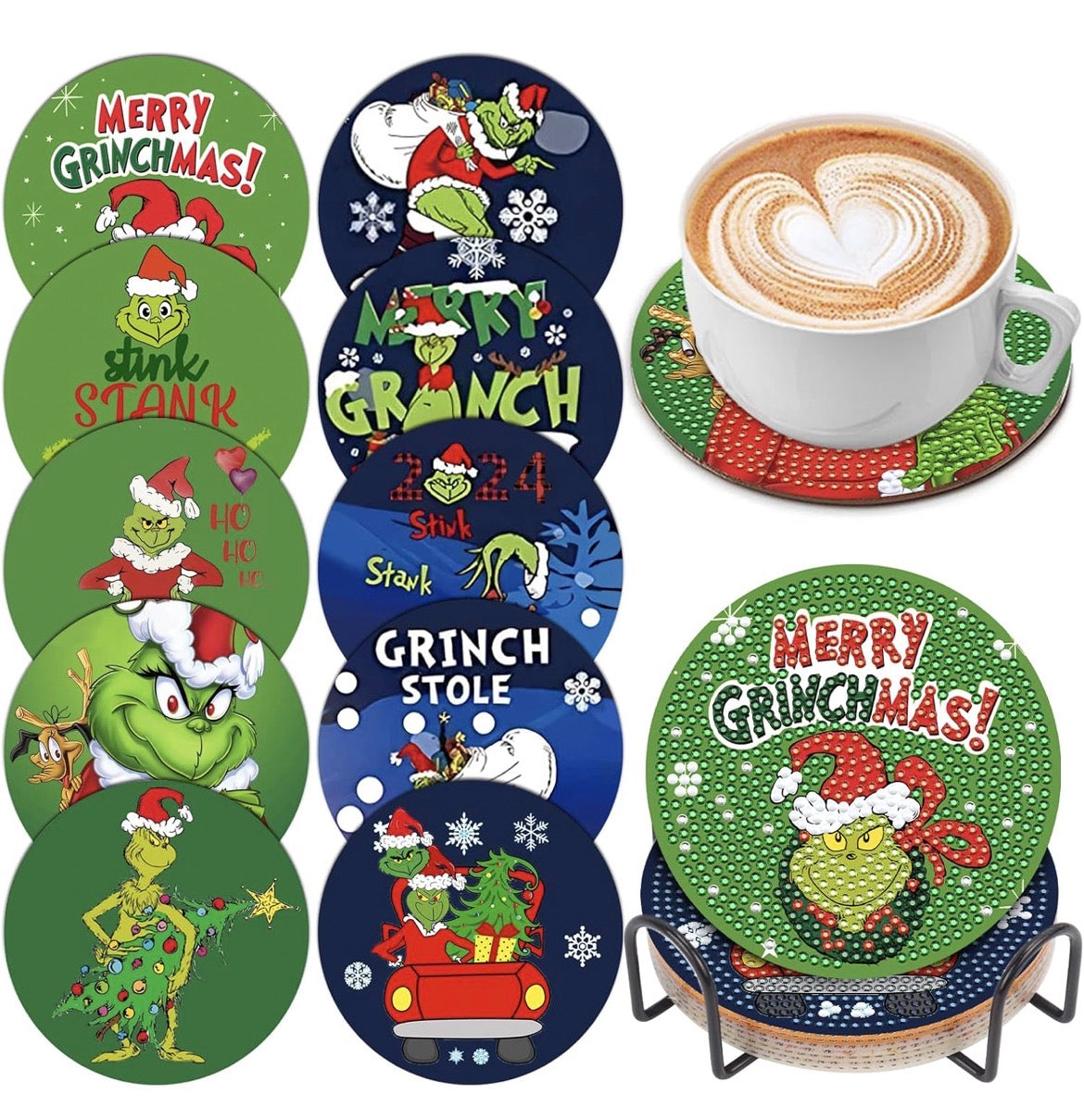 ✨ Grinchmas Sparkle: 10-Piece Diamond Painting Coaster Set 🎄💚 ✨