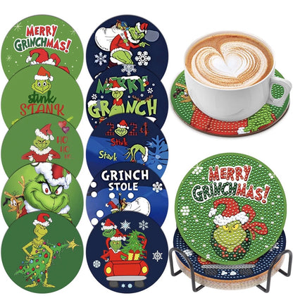 ✨ Grinchmas Sparkle: 10-Piece Diamond Painting Coaster Set 🎄💚 ✨