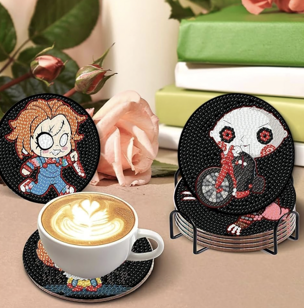 🔪💎🎃 Tiny Terrors Sparkle: 8-Piece Halloween Diamond Coaster Set ✨🩸