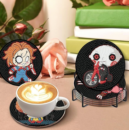 🔪💎🎃 Tiny Terrors Sparkle: 8-Piece Halloween Diamond Coaster Set ✨🩸
