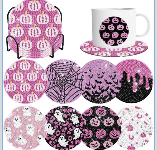🎀🖤 Spooky Chic: 8-Piece Pink Halloween Diamond Art Coaster Set 💎🎃