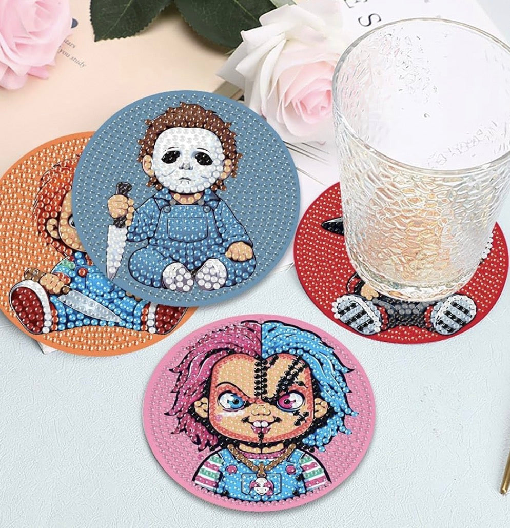 🔪💎🎃 Killer Cuteness: 8-Piece Horror Diamond Coaster Collection ✨🩸