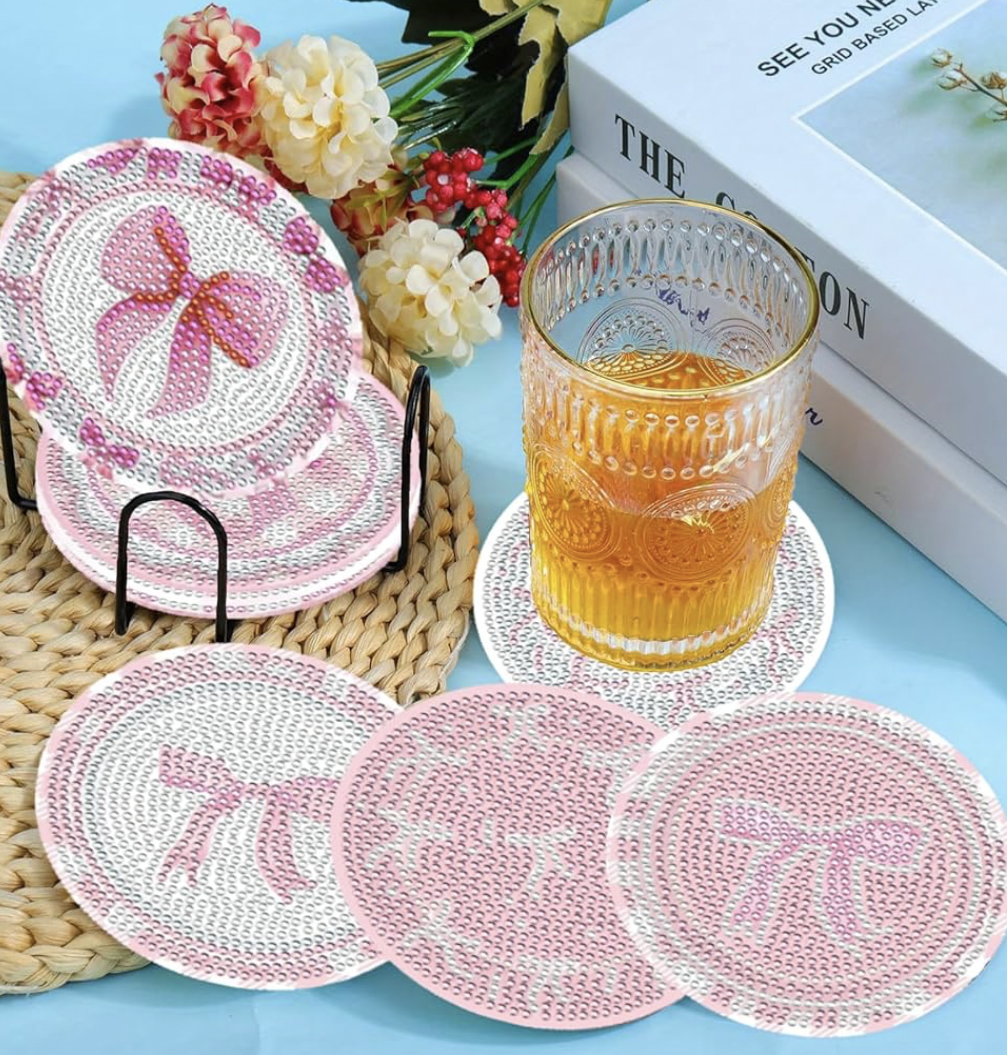 🎀💎 Bow & Sparkle: 8-Piece Pink Diamond Coasters ✨🌸