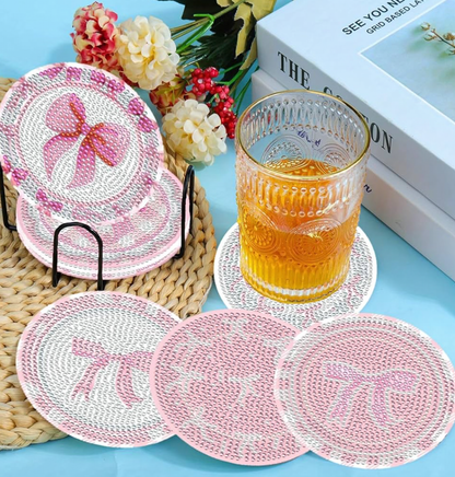 🎀💎 Bow & Sparkle: 8-Piece Pink Diamond Coasters ✨🌸