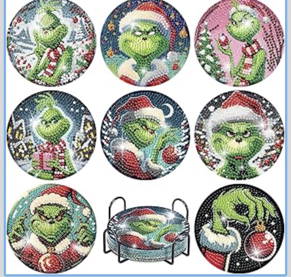 🎄💚 Grinchy Glow: 8-Piece Christmas Diamond Painting Coaster Set 💎✨
