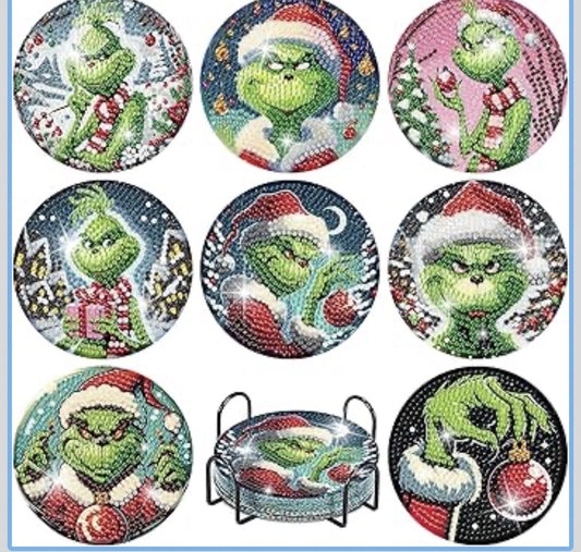 🎄💚 Grinchy Glow: 8-Piece Christmas Diamond Painting Coaster Set 💎✨