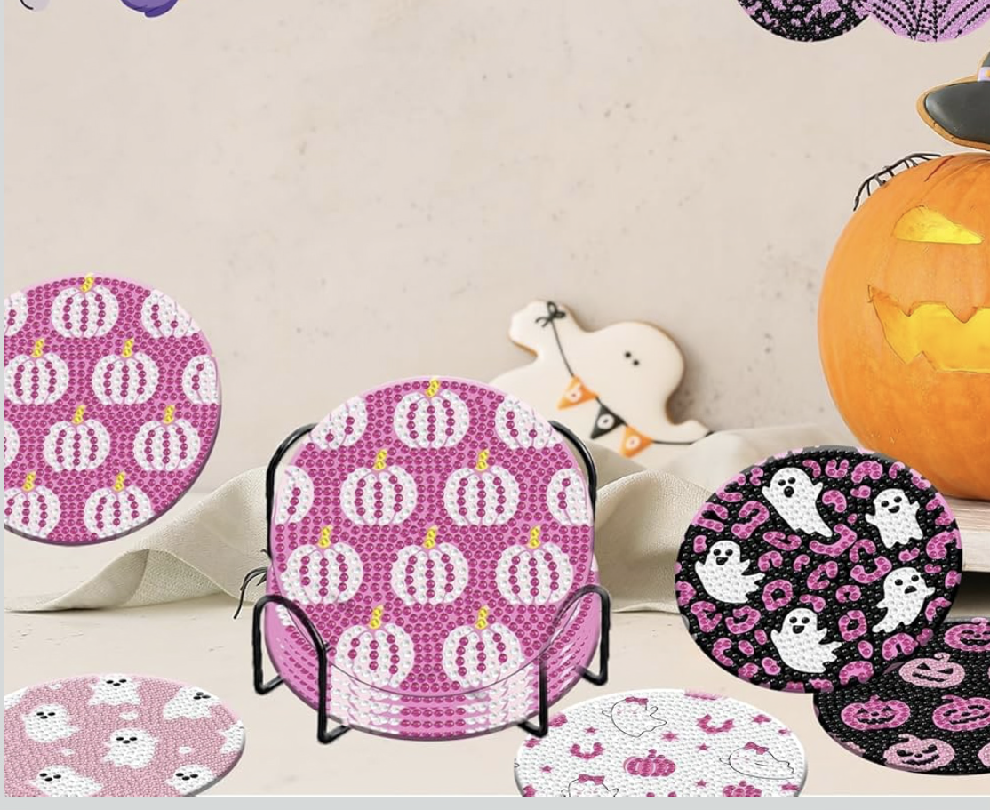 🎀🖤 Spooky Chic: 8-Piece Pink Halloween Diamond Art Coaster Set 💎🎃