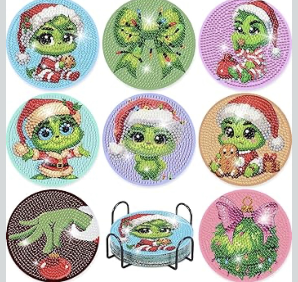 💎🎄💚 Grinchmas Sparkle: 8-Piece Baby Grinch Diamond Coaster Set
